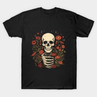 Skull with flowers, red flowers T-Shirt